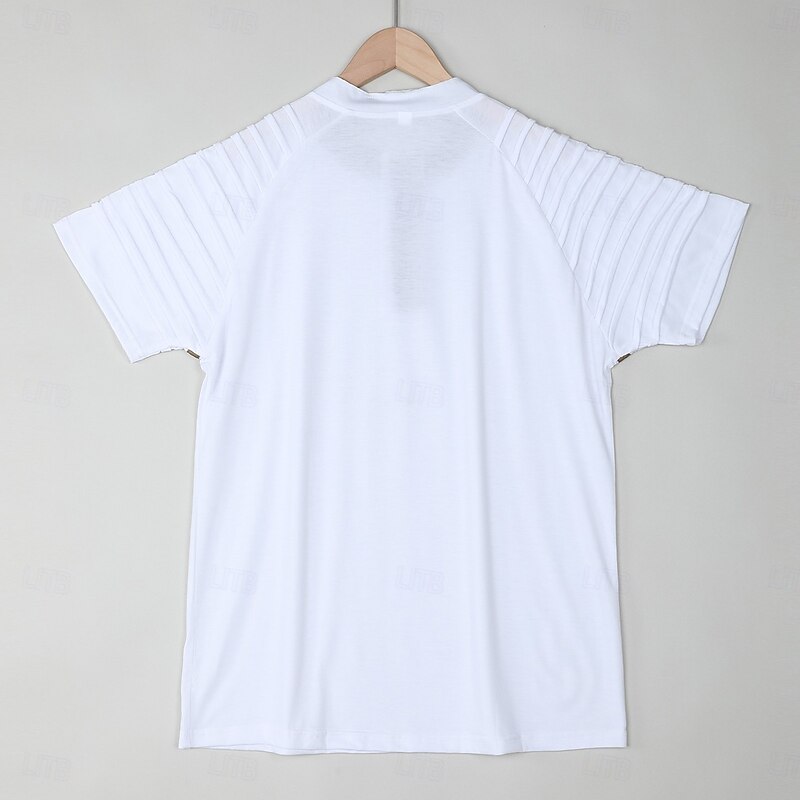 Men's Henley Shirt Short Sleeve Short Sleeves Henley Summer Plain Slim Pleated Fashion Designer Casual Patchwork Pleats Outdoor Vacation Casual White Navy Blue khaki Top Tee for Men2