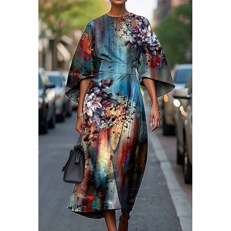 Women's Long Dress Maxi Dress Casual Dress Summer Dress Fashion Modern Daily Date Weekend Regular Fit Floral Geometric 3/4 Length Sleeve Crew Neck Pink Red Blue Khaki Summer