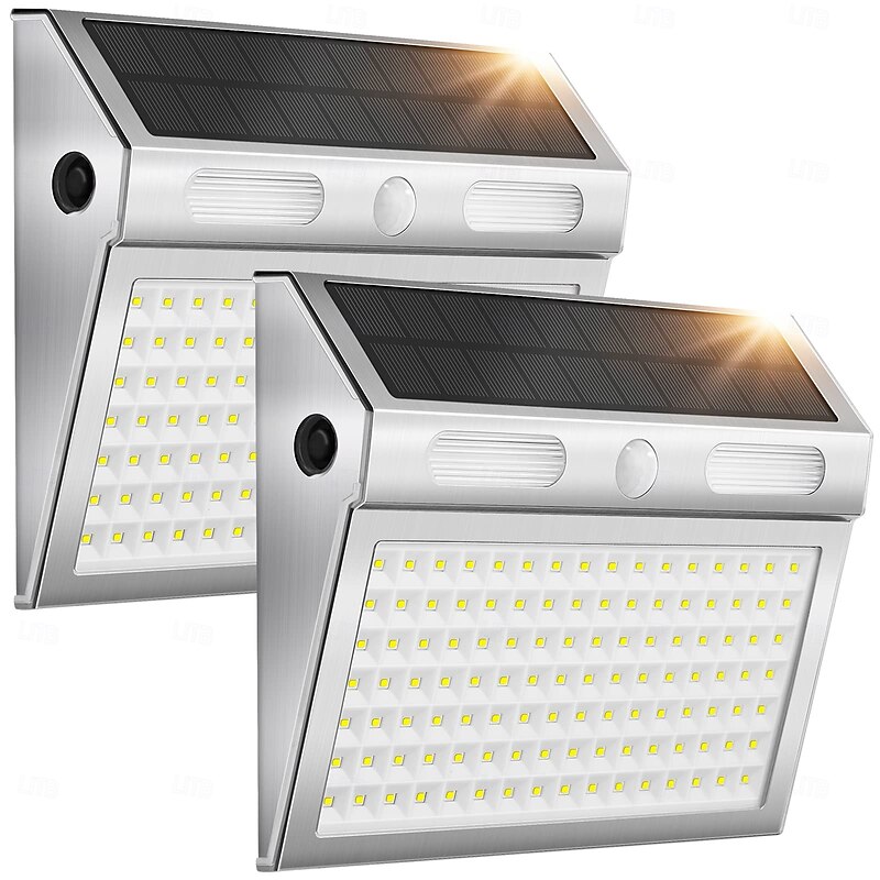 1 Pc Outdoor Solar Wall Lights Stainless Steel, 112 LED Beads, 4 Modes, IP65 Waterproof, High Brightness, Long Battery Life – Ideal for Villa Courtyard, Porch, Garage Lighting2