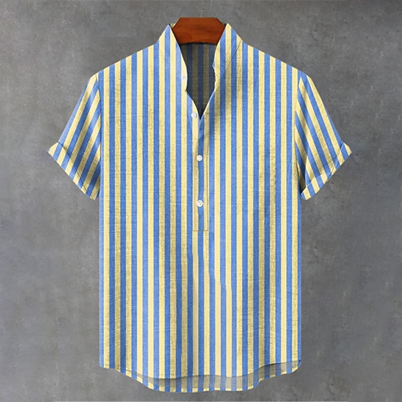 Men's Linen Shirt Popover Shirt Summer Shirt Casual Shirt Beach Shirt Henley Shirt Stripe Vacation Daily Blue Short Sleeve Mandarin Collar Summer Spring Clothing Apparel