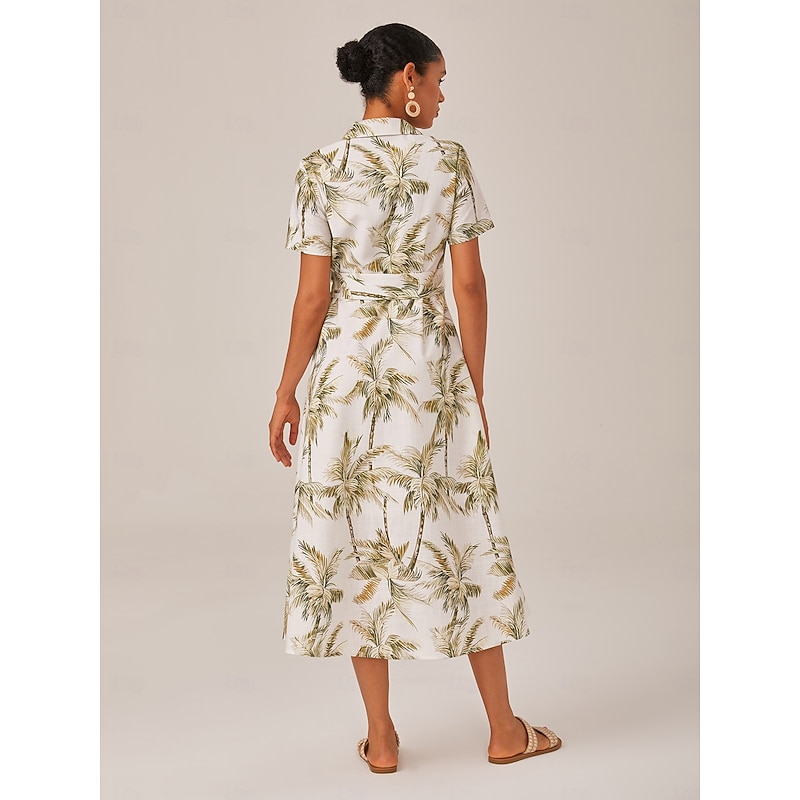 Palm Print Linen Look Button Down Midi Shirt Dress2