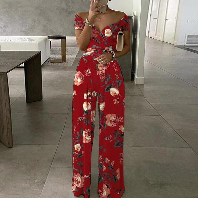 Women's Normal Jumpsuit Streetwear Solid Color Sleeveless Off Shoulder Print Street Daily Regular Fit Black White Red Summer3