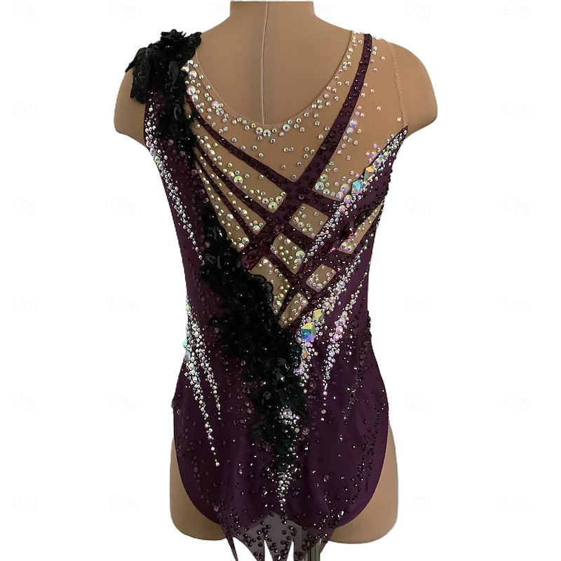 Rhythmic Gymnastics Leotard Women's Girls' Ice Skating Gymnastics Leotard Dark Purple Thumbhole Halo Dyeing High Elasticity Professional Competition Skating Wear Crystal / Rhinestone Sleeveless Ice Skating2