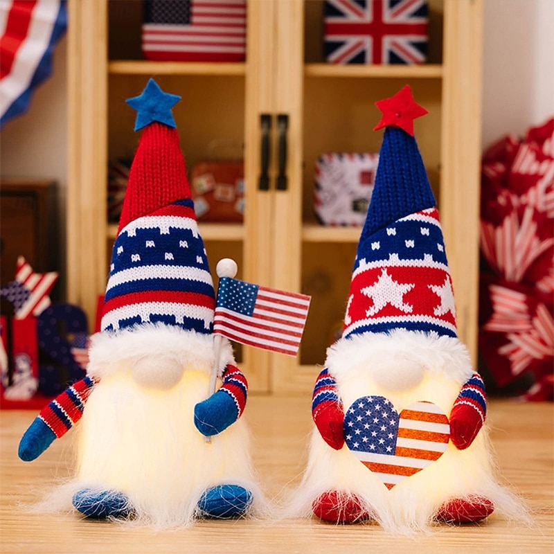 1 Pc. July 4th Independence Day Knitted Love American Flag Glowing Rudolf Dwarf Doll Party Patriotic Decorative Lamp AAA Battery