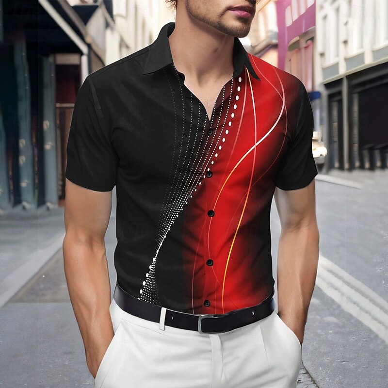 Men's Geometric Gradient Waves Shirt Summer Shirt Button Up Shirt Short Sleeve Fashion Casual Outdoor Vacation Dailywear Summer Spring Turndown 3D Print Collared Shirts Red Blue Green Gray