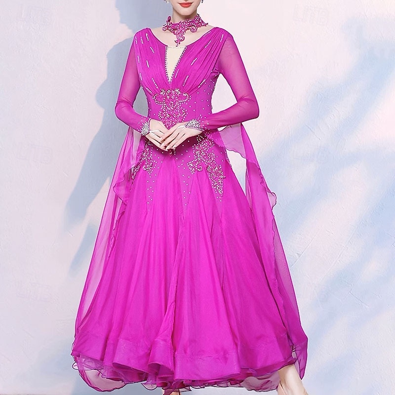 Ballroom Dance Dress Crystals / Rhinestones Women's Performance Party Long Sleeve Chiffon Spandex