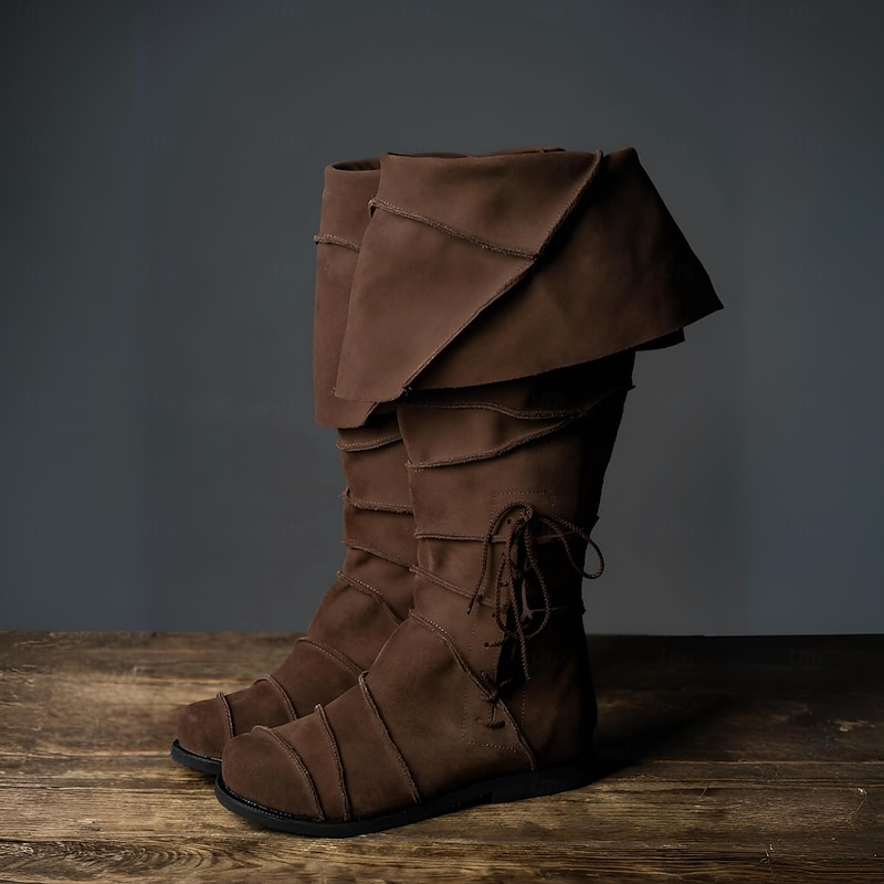 Medieval Renaissance Shoes Knee High Boots Flat Jazz Boots Fancy Dress Men's Celtic Pirate Halloween Masquerade Performance LARP Ren Faire Adults' Shoes3