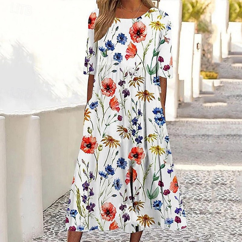 Women's Long Dress Maxi Dress Casual Dress Floral Dress Classic Modern Outdoor Daily Going out Regular Fit Flower Long Sleeve Crew Neck White Blue Fall
