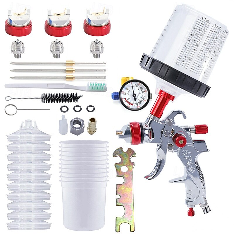 Pneumatic Spray Gun Automotive High Atomization Spray Gun 10 Leave-in Pots Pressure Regulator Paint Spraying Tool 1.4/1 7/2.0mm3