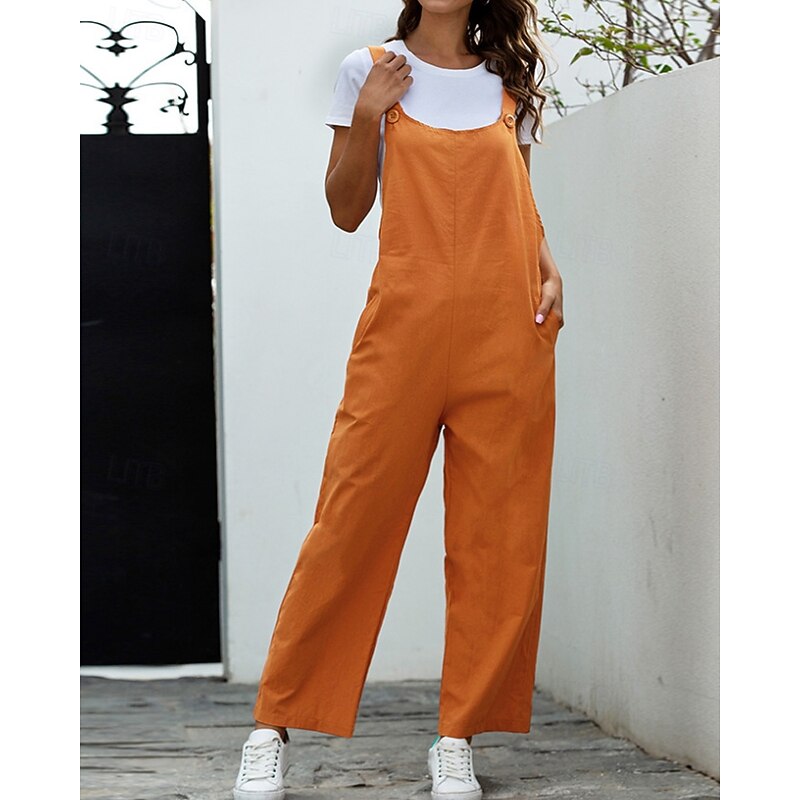 Women's Normal Cotton Linen Pants Basic Solid Color Sleeveless U Neck Pocket Street Going out Regular Fit Black White Navy Blue Summer2