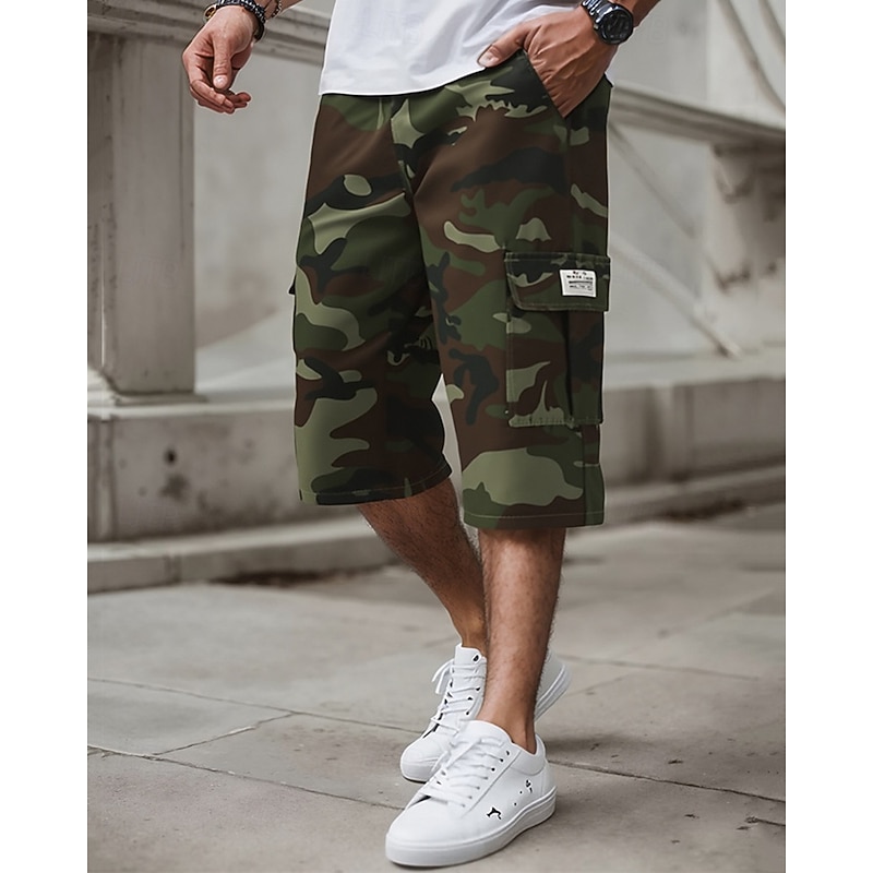 Men's Cargo Shorts Capri Pants Camo Shorts Summer Shorts Drawstring Elastic Waist Multi Pocket Camouflage Comfort Wearable Calf-Length Outdoor Sport Daily Fashion Casual Khaki Army Green2