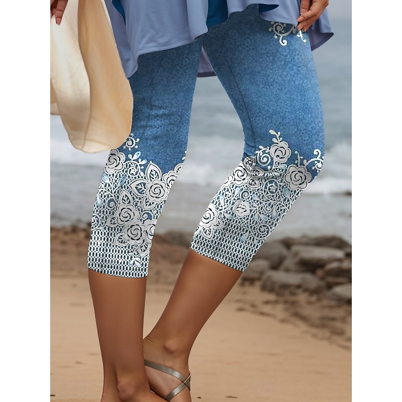 Women's Leggings Capri Pants 3D Print High Elasticity Vacation Vintage Fashion Calf-Length High Waist Floral Graphic Geometric Breathable Soft Stretchy Formal Vacation Office Robin's Egg Blue