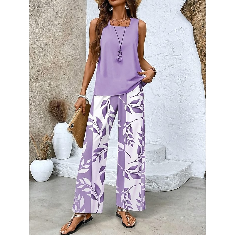 Women Daily Pants Sets Sleeveless Square Neck Plant Print Casual Purple Green Khaki Summer Loose Fit4