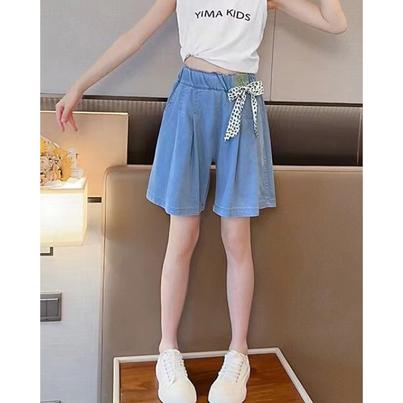 Kids Girls' Shorts Solid Color Streetwear Tie Knot School 4 years+ Summer Light Blue3