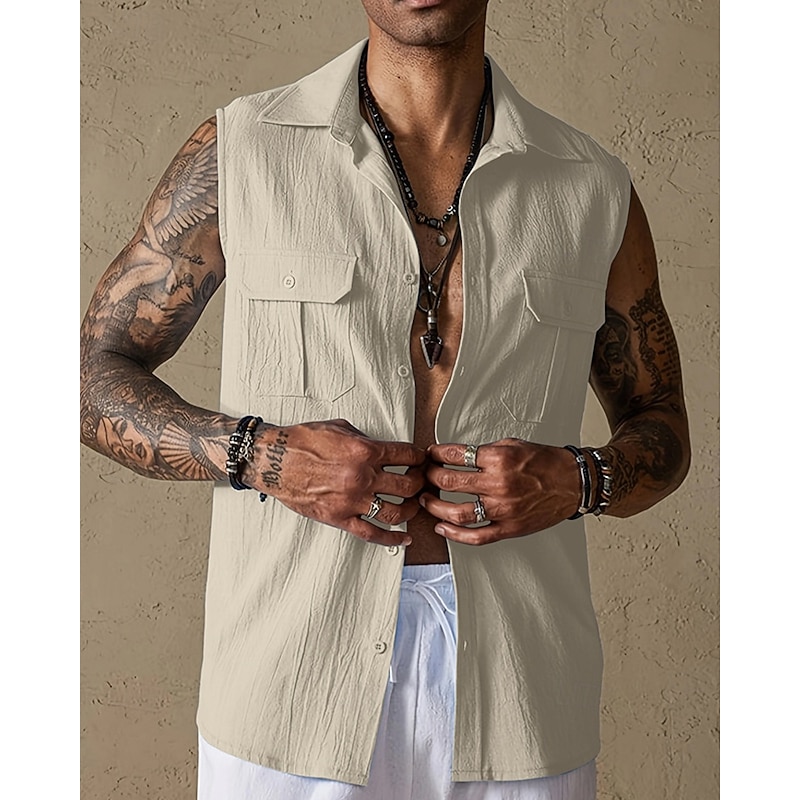 Men's Tank Top Vest Top Undershirt Sleeveless Shirt Sleeveless Lapel Summer Plain Fashion Designer Basic Buttons Pocket Vacation Street Casual Daily Black Green Beige Top Tee for Men