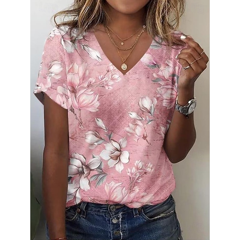 Women's T Shirt Floral Graphic Plants Vintage Stylish Casual Short Sleeve V Neck Regular Tops Daily Print Pink Blue Summer Spring2