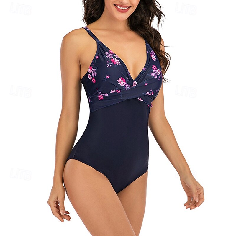 Women's One Piece Swimsuit Open Back Swimwear Floral Swimwear Black White Breathable Quick Dry Sleeveless - Swimming Surfing Snorkeling Summer