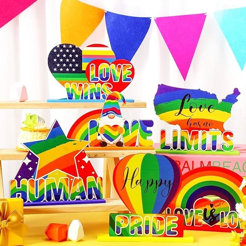 6 Pieces Pride Decorative Wooden Table Centerpieces, Love Is Love Table Decorations for Pride Month, Rainbow Theme LGBTQ Party Supplies, Perfect for Pride Celebration and Party Decor3