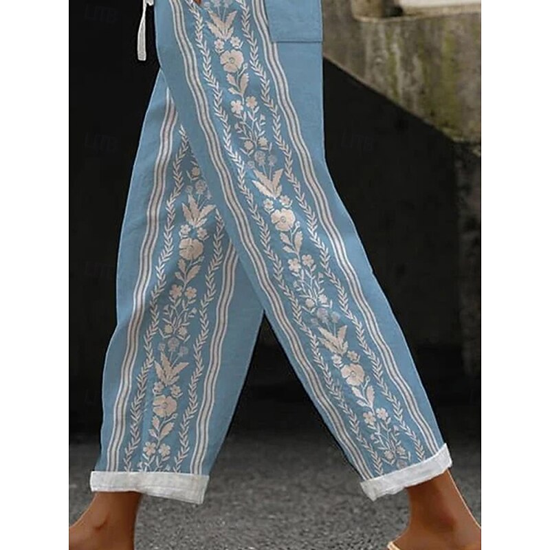 Women's Chinos Baggy Pants Beach Shorts Vacation Vintage Fashion Full Length High Waist Floral Graphic Geometric Printing Thermal Warm Soft Breathable Micro-elastic Formal Vacation Street Robin's Egg3