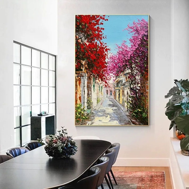 Hand-Painted Mediterranean Alley Oil Painting - Blooming Bougainvillea  Golden forest oil painting handmade autumn oil painting landscape paintings  Wall Art for Living Room Decor2