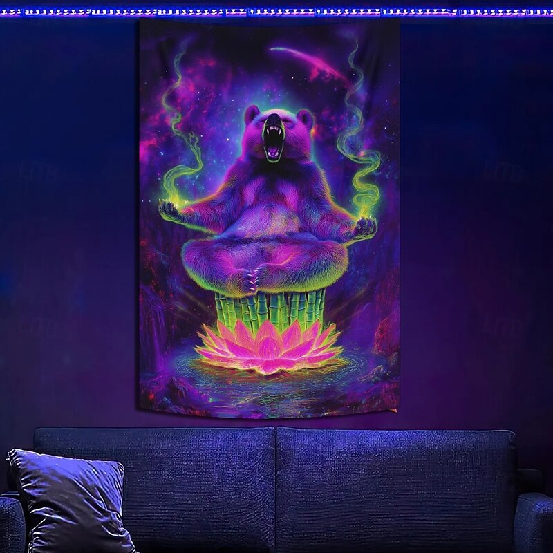 Blacklight Tapestry Glow in the Dark Glow Party UV Reactive Meditation Bear Animal Trippy Misty Hanging Tapestry Wall Art Mural for Living Room Bedroom3