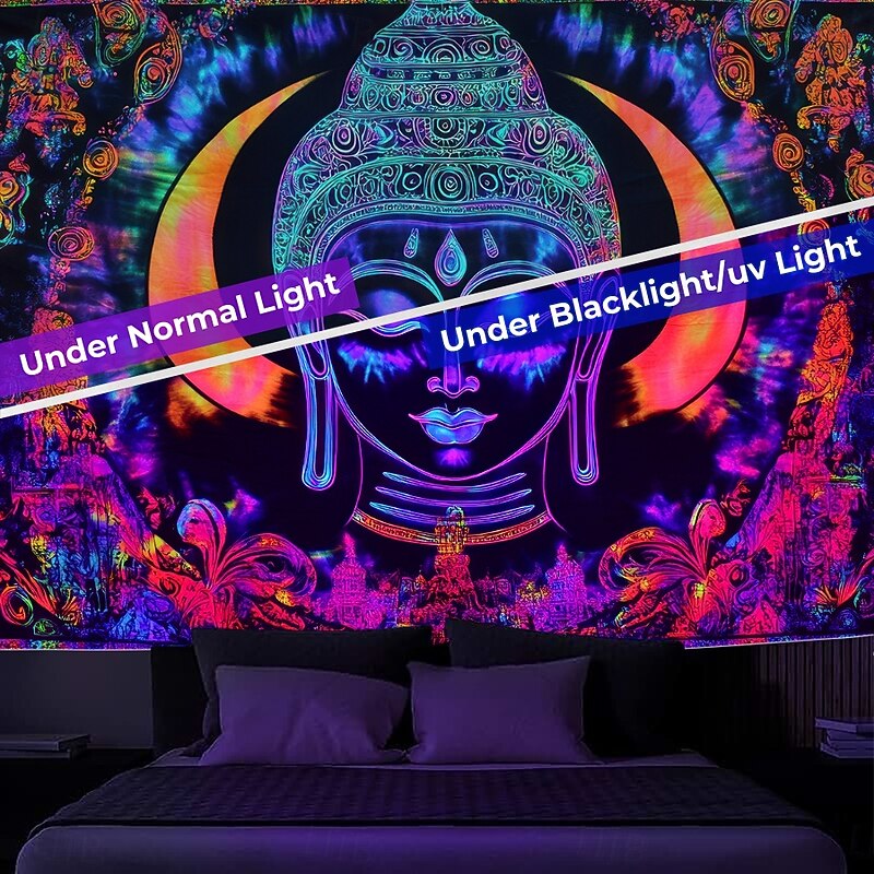 Buddha Blacklight Tapestry Glow in the Dark Glow Party UV Reactive Boho Trippy Misty Religious Hanging Tapestry Wall Art Mural for Living Room Bedroom3