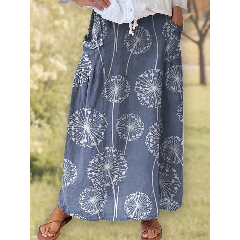 Women's Skirt A Line Bohemia Vintage Casual Maxi High Waist Skirts Floral Pocket Print Micro-elastic Street Daily White Blue Green Gray Summer Polyester Cotton Blend