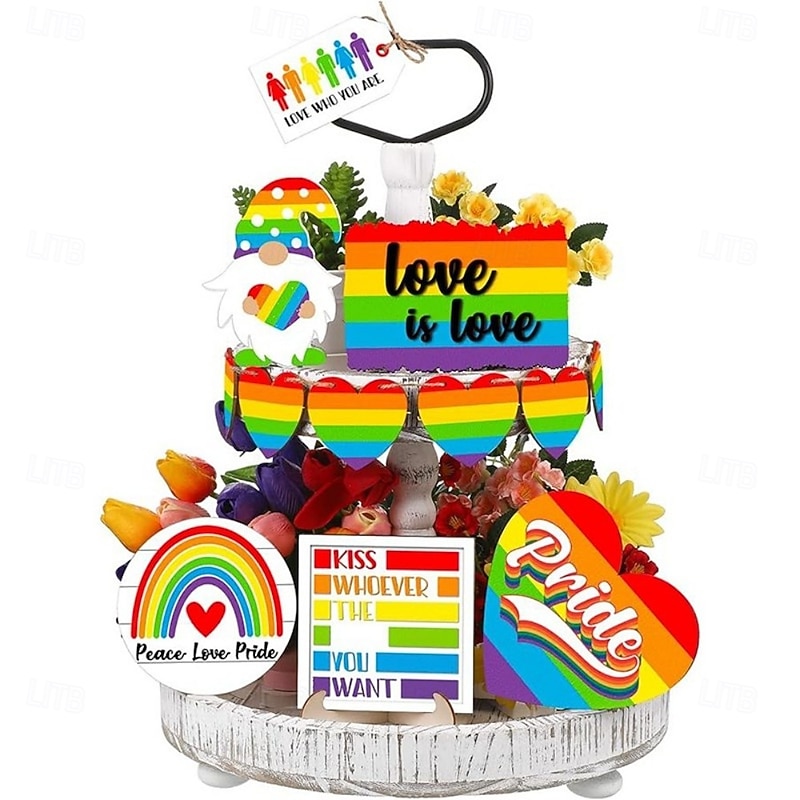 Pride Tiered Tray Decor Rainbow LGBTQ Wooden Tray Centerpieces Decoration Colorful Heart Wood Tabletop Love is Love Signs Blocks with Holder for Pride Month Party Office Home Decor3