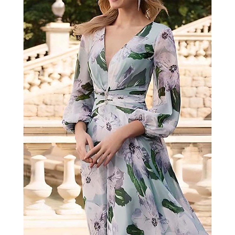 A-Line Dress Mother of the Bride Dress Floral Print Elegant Vintage V Neck Ankle Length Chiffon 3/4 Length Bubble Sleeve with Ruching Details Race Day Dress Wedding Guest Dress3