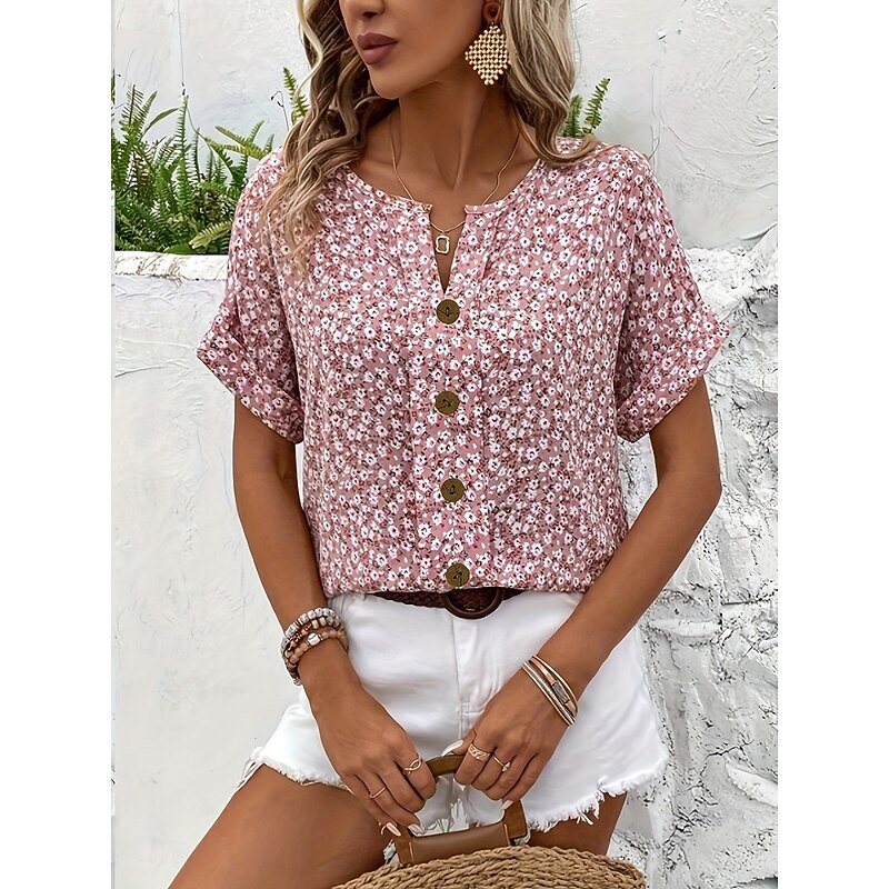 Women's Blouse Button Down Floral Stylish Casual Short Sleeve Crew Neck Regular Tops Daily Buttons Print Pink Navy Blue Orange Summer3