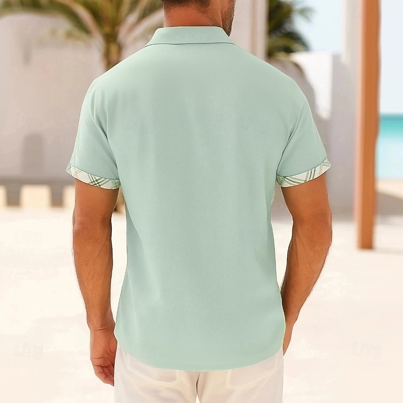 Men's Geometric Check Grid / Plaid Shirt Button Up Shirt Short Sleeve Fashion Casual Outdoor Vacation Daily Summer Turndown 3D Print Linen Like Shirt Pink Blue Green2