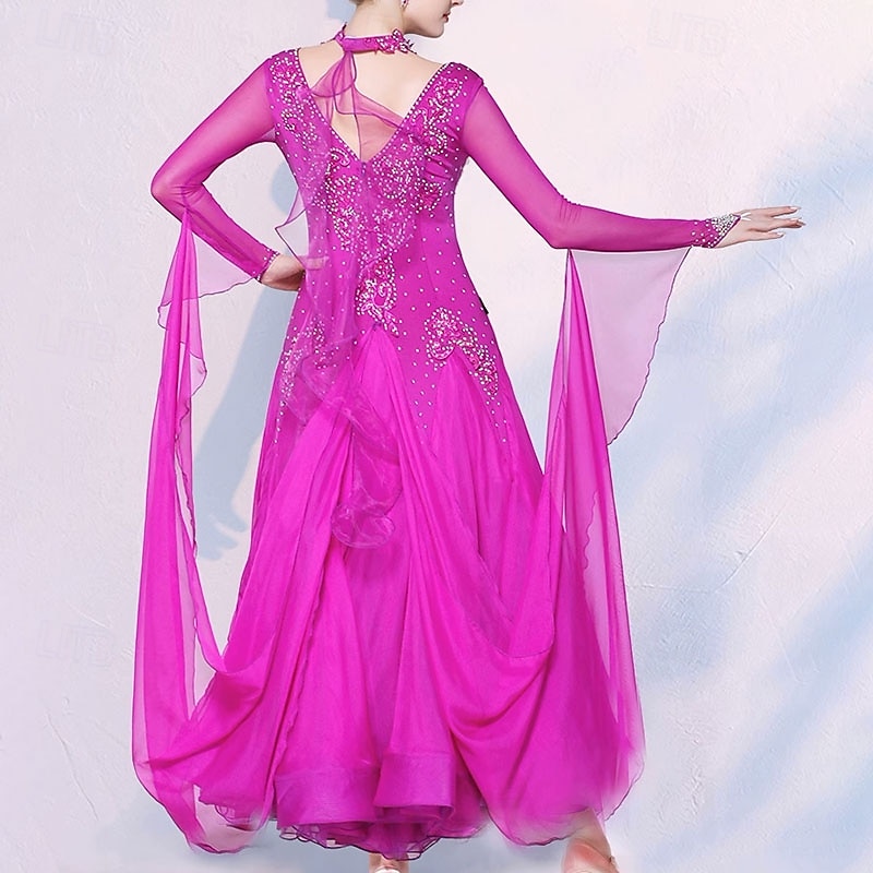 Ballroom Dance Dress Crystals / Rhinestones Women's Performance Party Long Sleeve Chiffon Spandex2