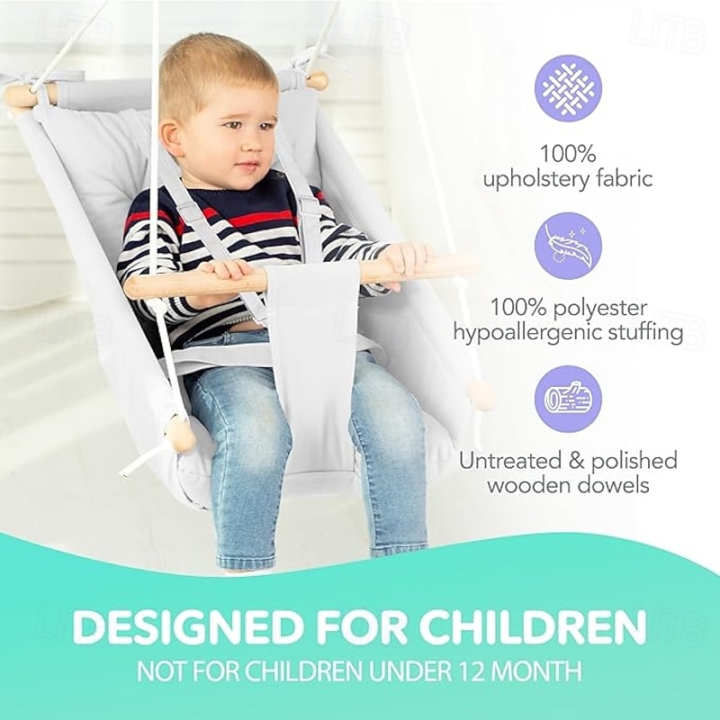 Children's Canvas Swing Wooden Hanging Chair With Seat Belt Durable Toddler Seat Suitable For Indoor And Outdoor Hammocks Baby Lounge Chairs2