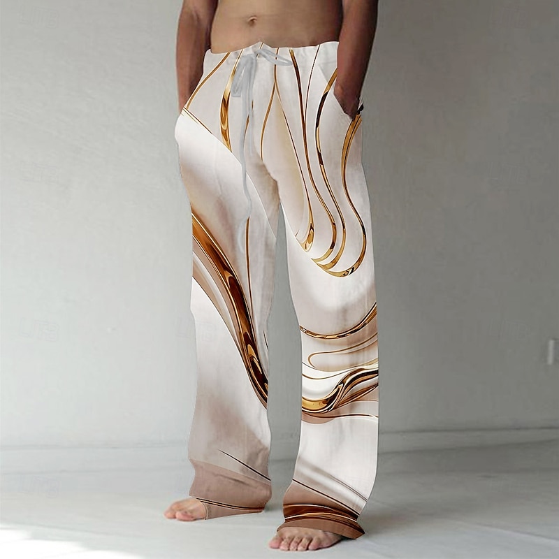 Men's Marble Abstract Liquid Art Trousers Baggy Pants Casual Pants Mid Waist Casual Outdoor Vacation Daily Drawstring Elastic Waist Wide Leg Summer Spring 3D Print Black Yellow Green
