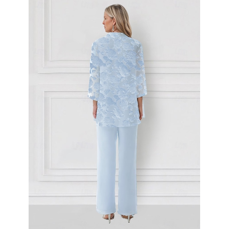 Floral Lace Pantsuit 3 Piece Mother of the Bride Pantsuit Elegant Simple Minimalist Crew Neck Floor Length Chiffon 3/4 Length Sleeve with Jacket3