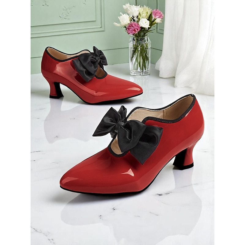 Women's Red Patent Leather Low Heel Shoes – Vintage 1920s Style Pointed Toe Pumps with Black Bow for Tea Party, Wedding, and Retro Events2