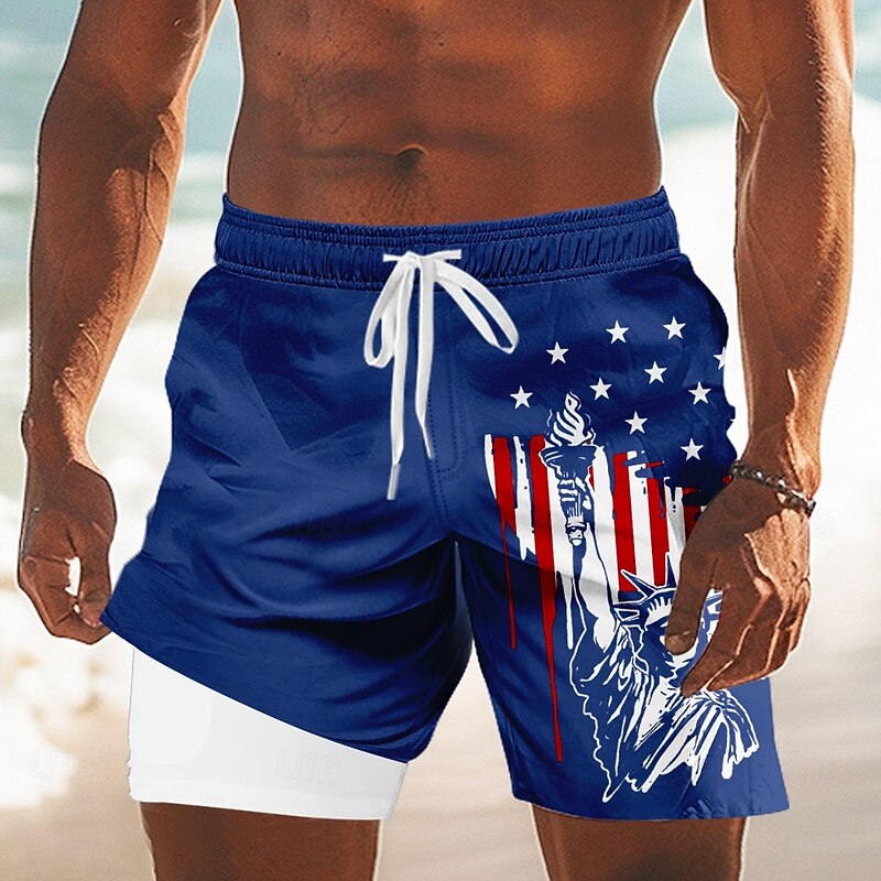 Independence Day Men's Flag Statue Of Liberty Patriotic Lined Shorts 2 in 1 Board Shorts Swim Trunks Mid Waist Holiday Side Pockets With Compression Liner Elastic Drawstring Waist Designer Clothing2