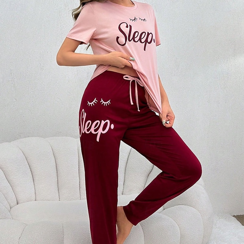 Women's Pajamas Loungewear Pajama Set Simple Casual Comfort Print Letter Tie Knot Pullover Pant Home Daily Short Sleeve Crew Neck Black Pink Blue Rose Red Summer Spring Fall Loose Fit2