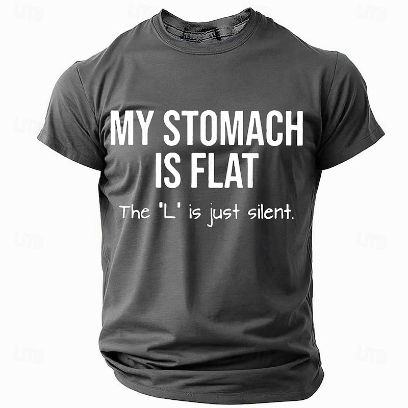 Men's Funny Graphic T-Shirt with 'My Stomach Is Flat, The 'L' Is Just Silent' Pun Humor3