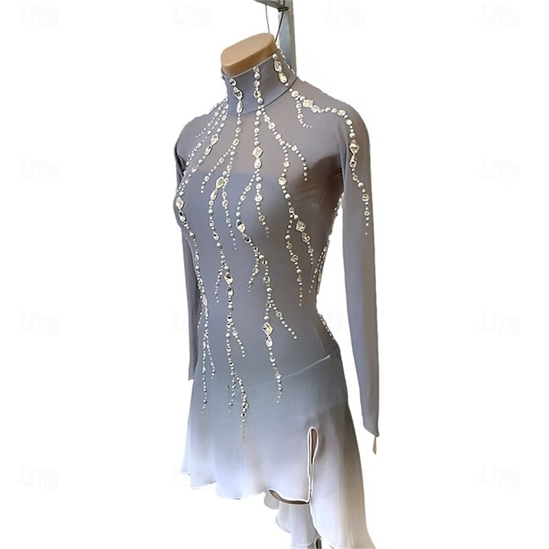 Figure Skating Dress Women's Girls' Ice Skating Dress Green Grey Open Back Halo Dyeing Mesh High Elasticity Training Competition Skating Wear Classic Crystal / Rhinestone Long Sleeve Ice Skating3