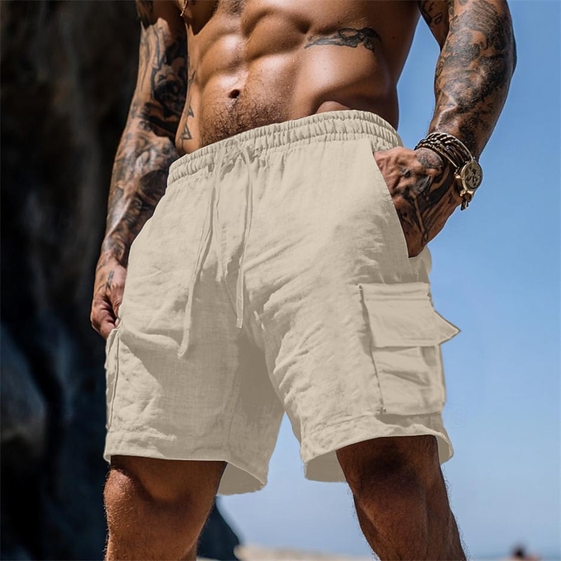 Men's Shorts Linen Shorts Summer Shorts Beach Shorts Drawstring Elastic Waist Multi Pocket Plain Knee Length Outdoor Holiday Beach Vacation Hawaiian Black White Inelastic3