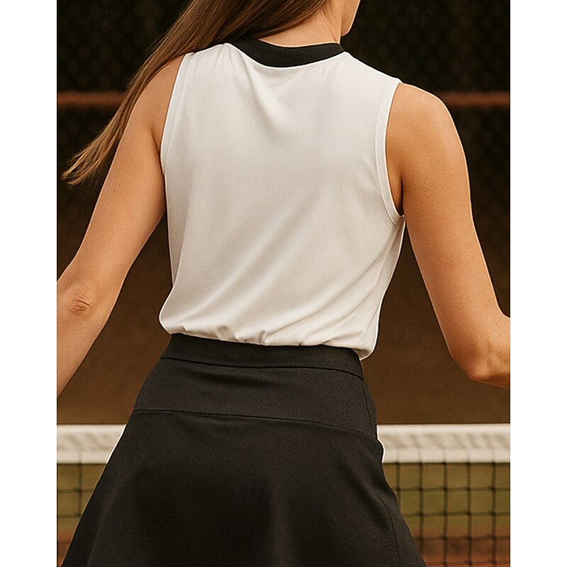 Women's Patchwork Tennis Top Sleeveless Contrast Binding Breathable Tennis Pickleball V Neck Top Black White Tennis Clothing2