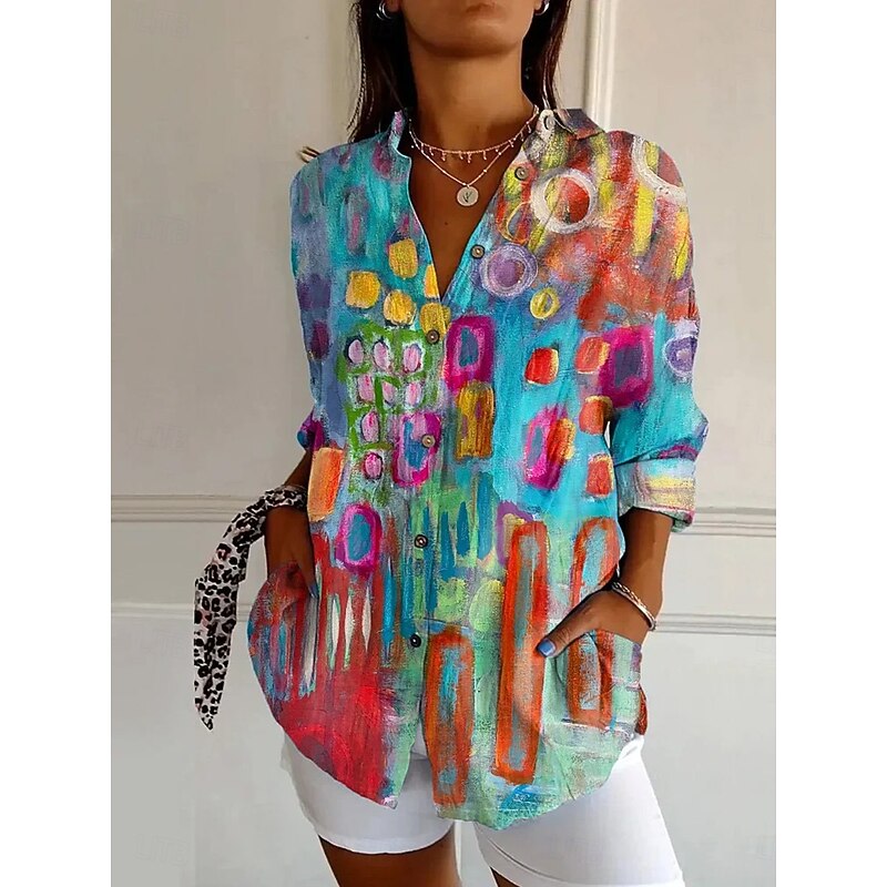 Women's Shirt Button Down Tunic Shirt Collar Long Sleeve Ombre Floral Graphic Vintage Tropical Hawaiian Regular Tops Work Daily s Print Blue Orange Brown Green Spring Fall2