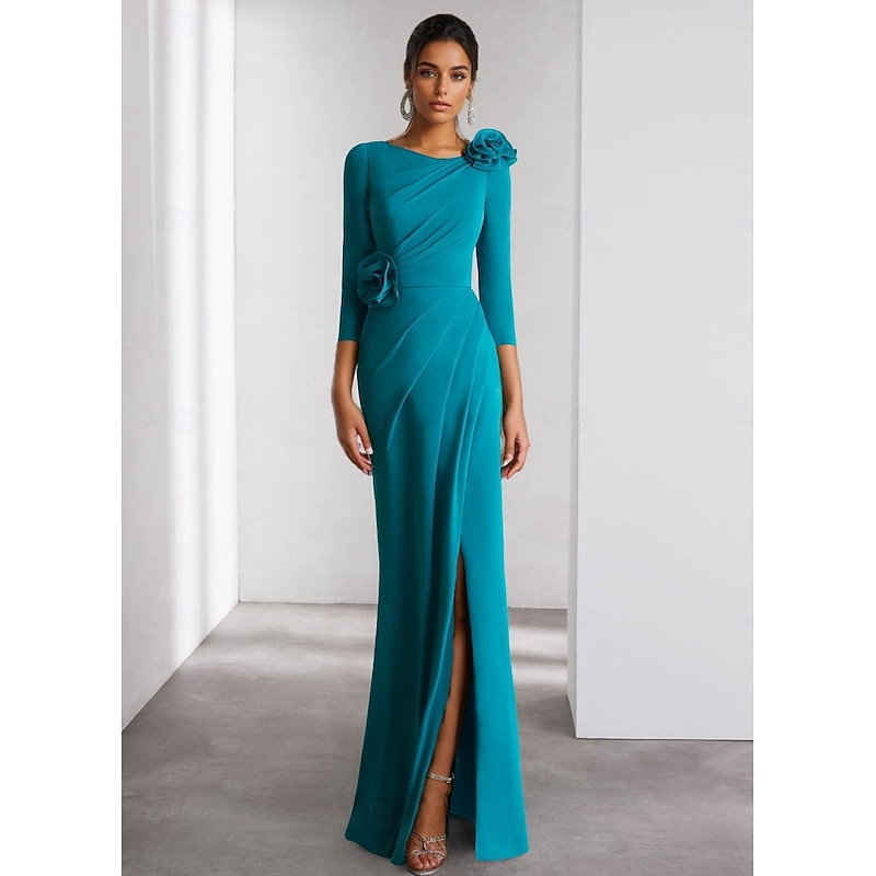 A-Line Evening Gown Elegant Dress Formal Wedding Floor Length Long Sleeve Crew Neck Detachable Stretch Crepe with Shouder Flower