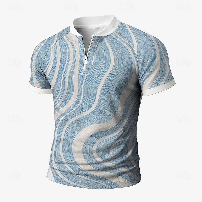 Men's Line Zip Polo Short Sleeve Stand Collar Business Leisure Business Casual Daily Zipper 3D Print Summer Robin's Egg Blue Light Blue ash-colored