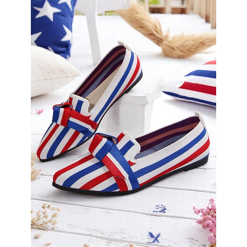 Women's Patriotic Knit Flats – Pointed Toe Flat Shoes with Bow Detail for Independence Day, Summer Picnics & Casual Wear4