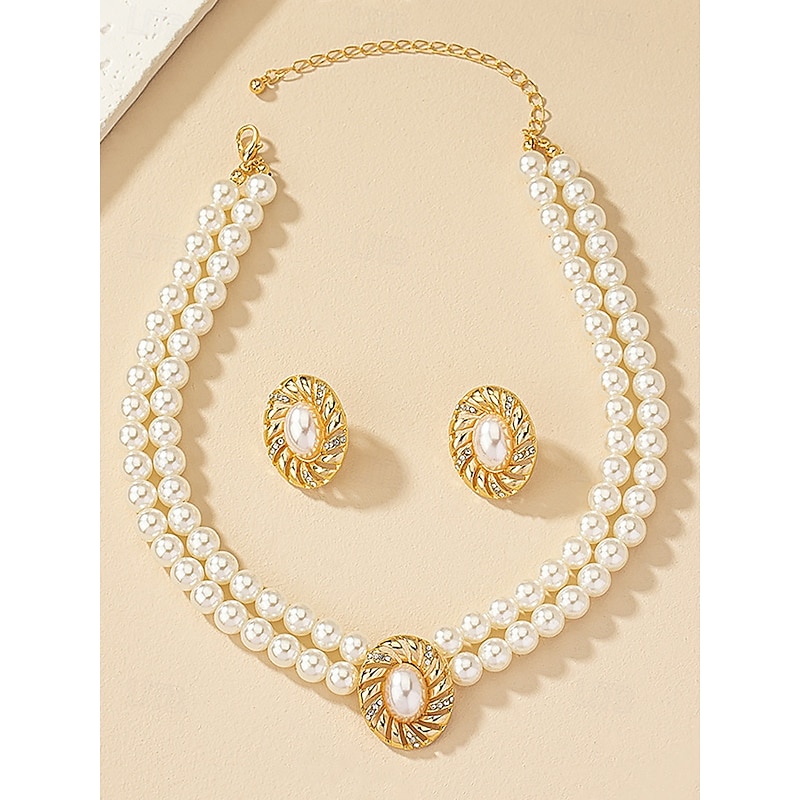 Women's Vintage Pearl Choker Necklace and Earrings Set – Elegant Double Strand Beaded Jewelry with Gold Oval Accents for Ladies, Ideal for Weddings, Parties and Formal Occasions3