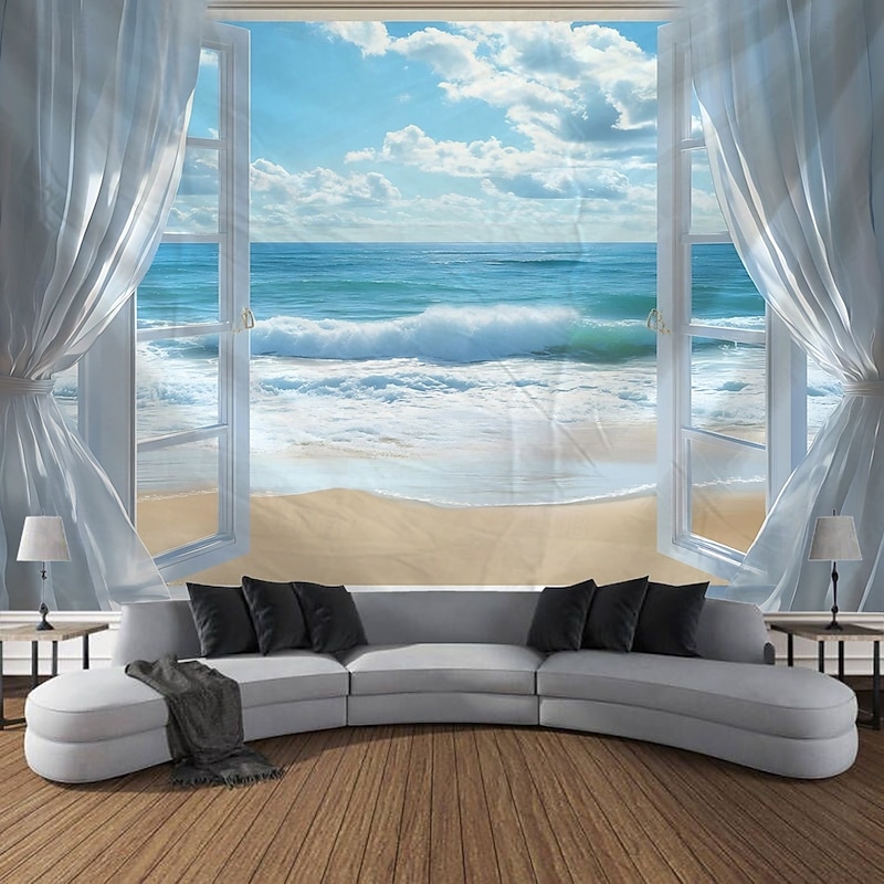 Window curtains ocean waves coconut trees landscape tapestries decorative art blankets curtains hanging home bedroom living room decoration