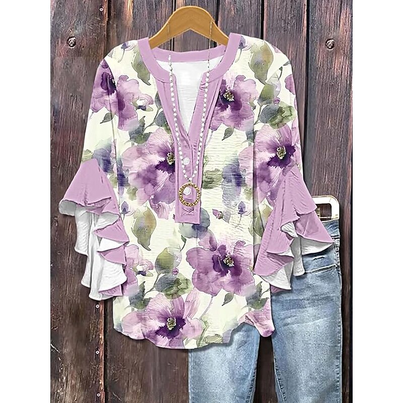 Women's Blouse V Neck Ombre Floral Graphic Elegant Bohemia Ethnic 3/4 Length Sleeve Regular Tops Daily Holiday Vacation Wear Ruffle Print White Yellow Light Green Purple Rose Pink Summer Spring Fall2