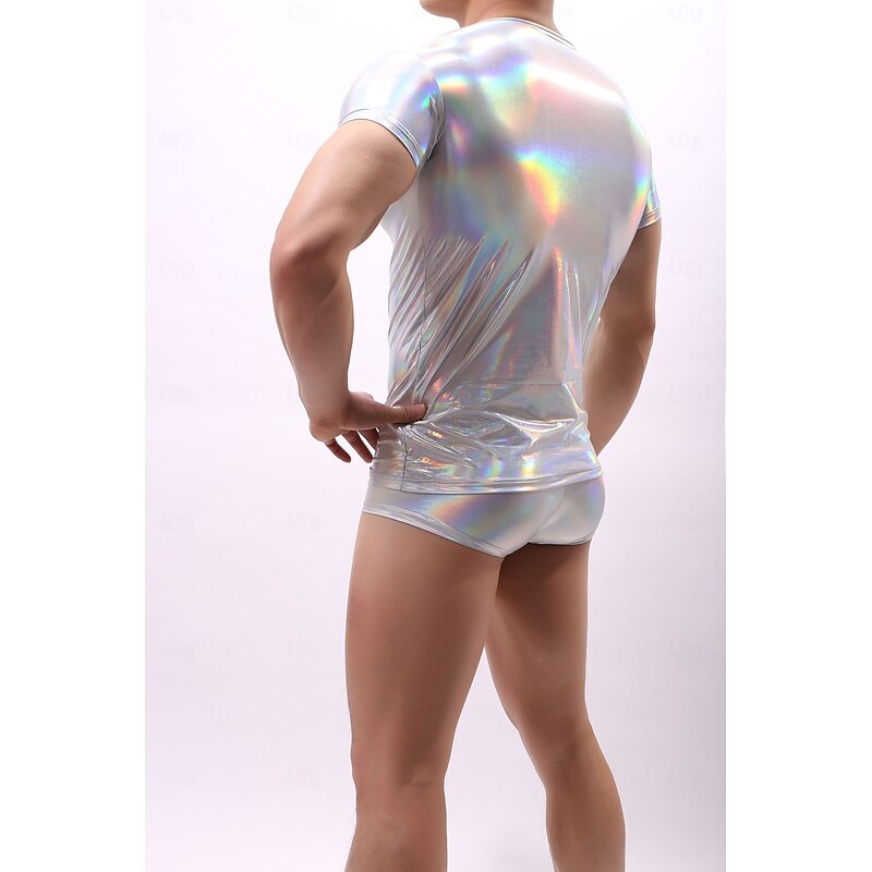 Retro Vintage 1980s T-shirt Disco Shiny Latex Patent Metallic Round Neck Fancy Dress Men's Halloween Carnival Music Festival Pride Parade Gay Club Adults' T-shirt Summer3